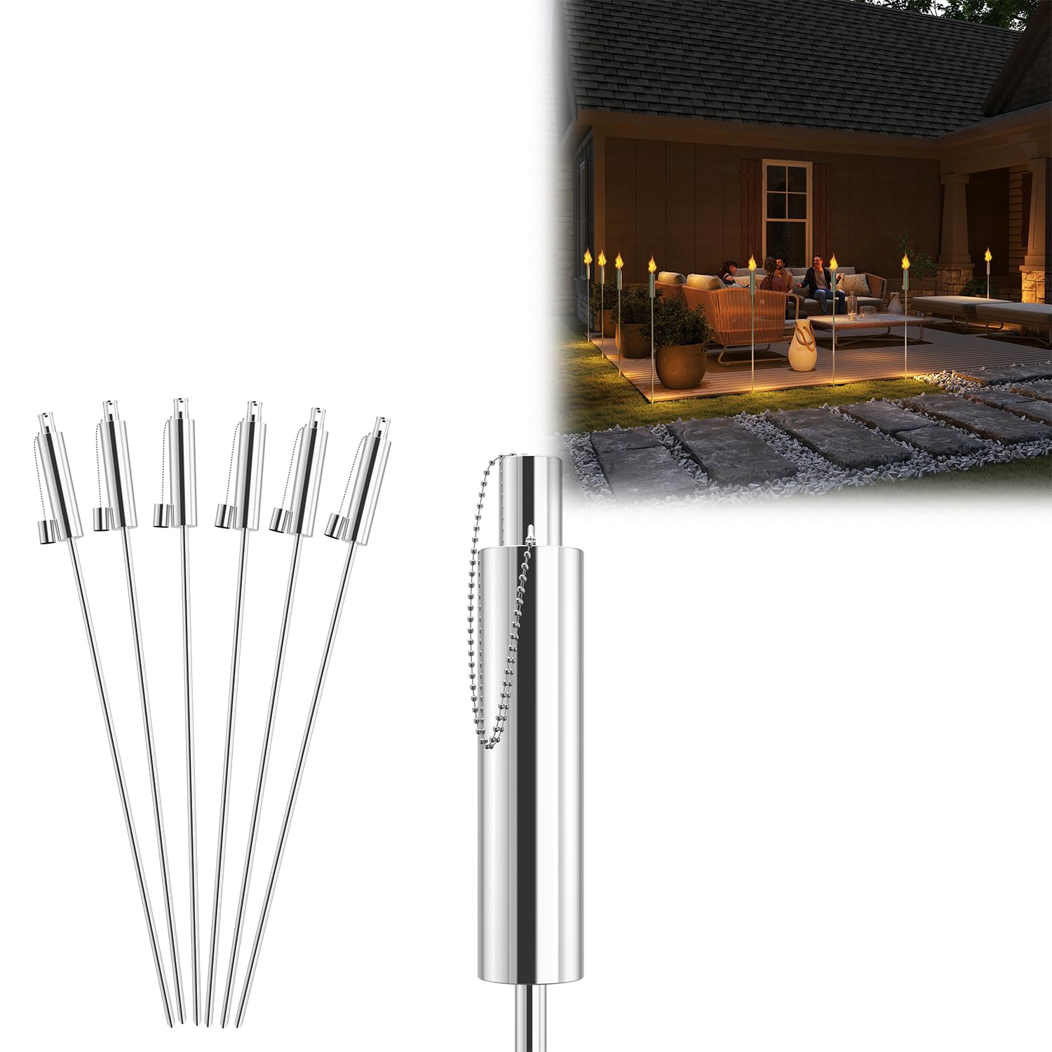 Aufun 24x Torches de Jardin en Inox pour Extérieur, Huile 330 ml, Lampe à Huile, Fermeture Sécurisée pour Enfants, avec Mèches, 115 cm de Hauteur, Inoxydable pour Balcon et Terrasse