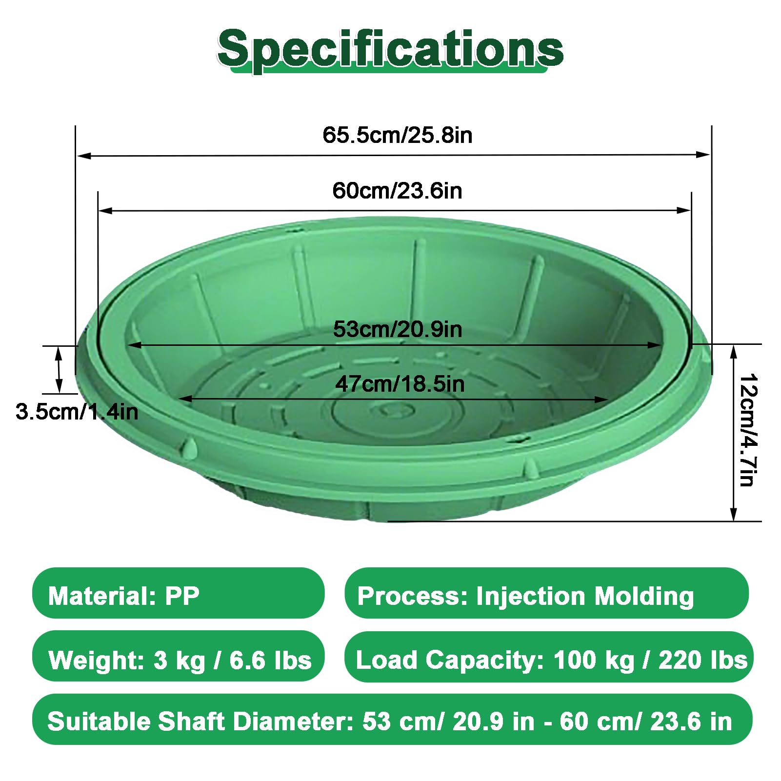 Tapa redonda para tanque séptico de 60 cm | Cubierta decorativa para aguas residuales ocultas con agujero para césped, jardín, parque, drenaje adecuado (verde)