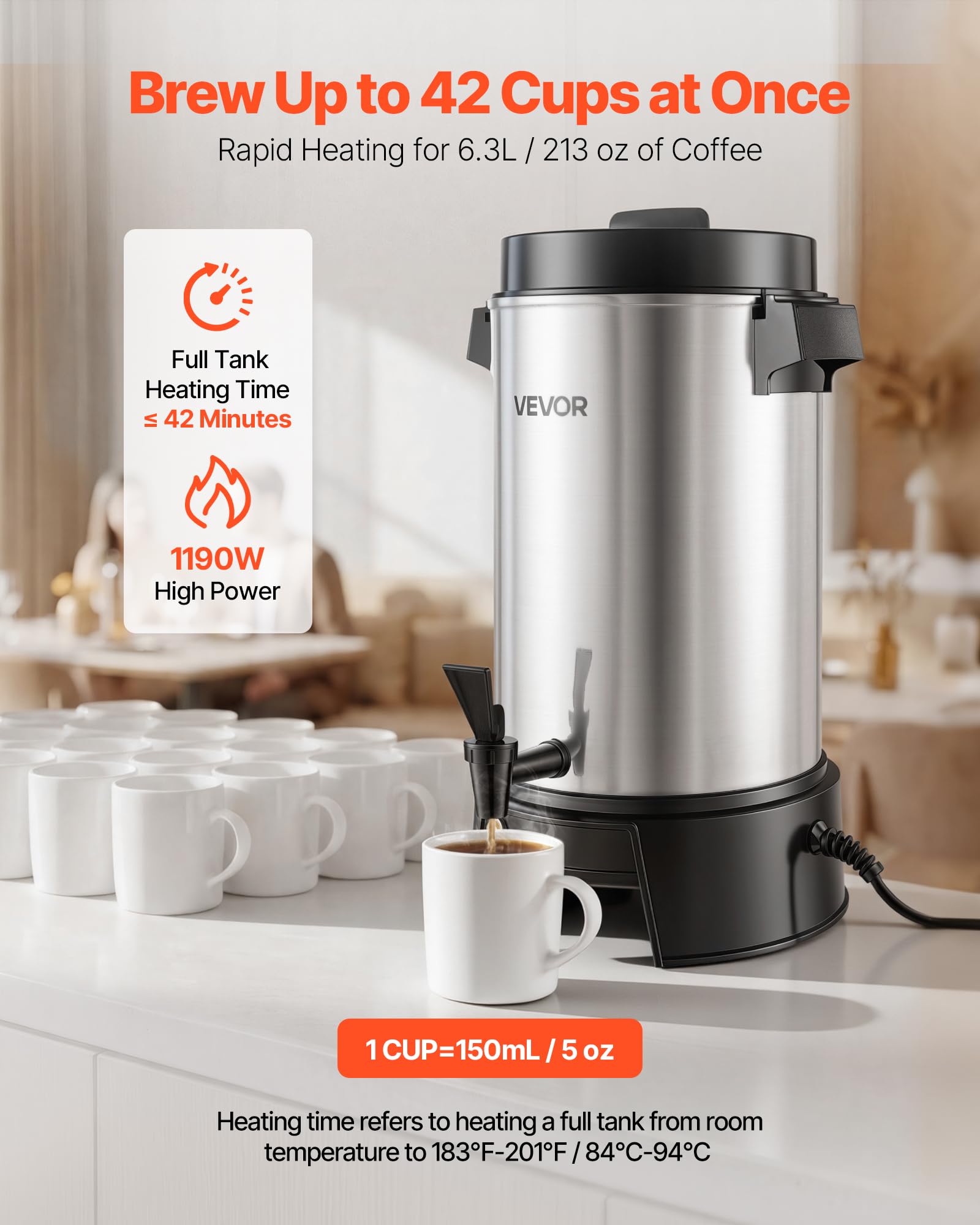 VEVOR Distributore Bevande Calde Caffè Elettrico 1190 W 250 x 270 x 420 mm, Rubinetto Antigoccia, Caffettiera per Vin Brulè Tè Caffè, Controllo Automatico di Temperatura, Catering, Hotel, Ristorante