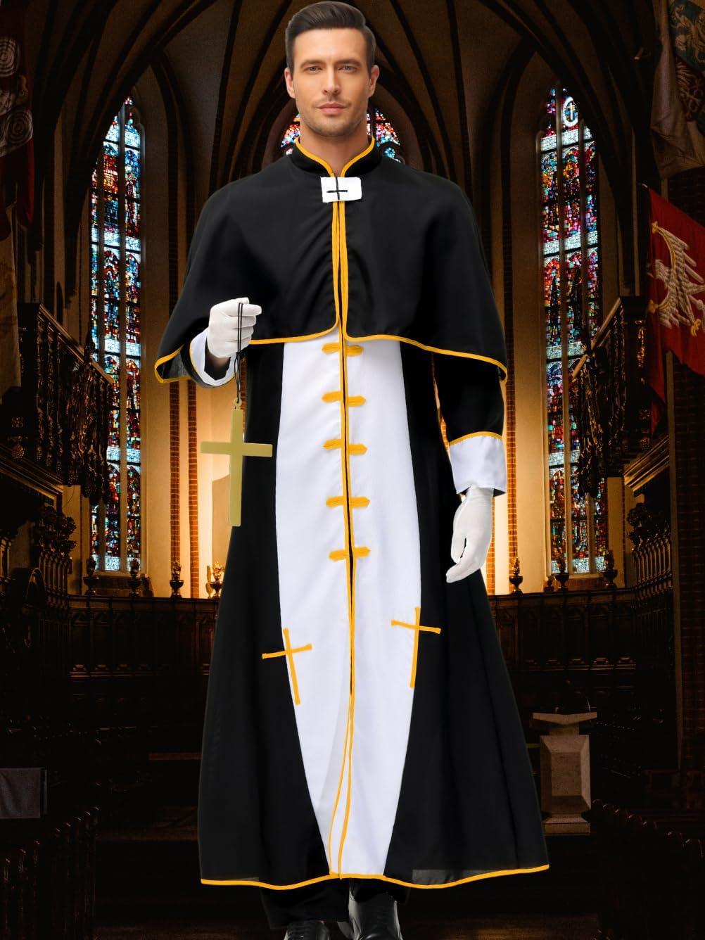 Mens 3 Pcs Priest Costume, Robe With Cape & Gloves & Cross, Cospaly Pastor Halloween Outfits - Image 7