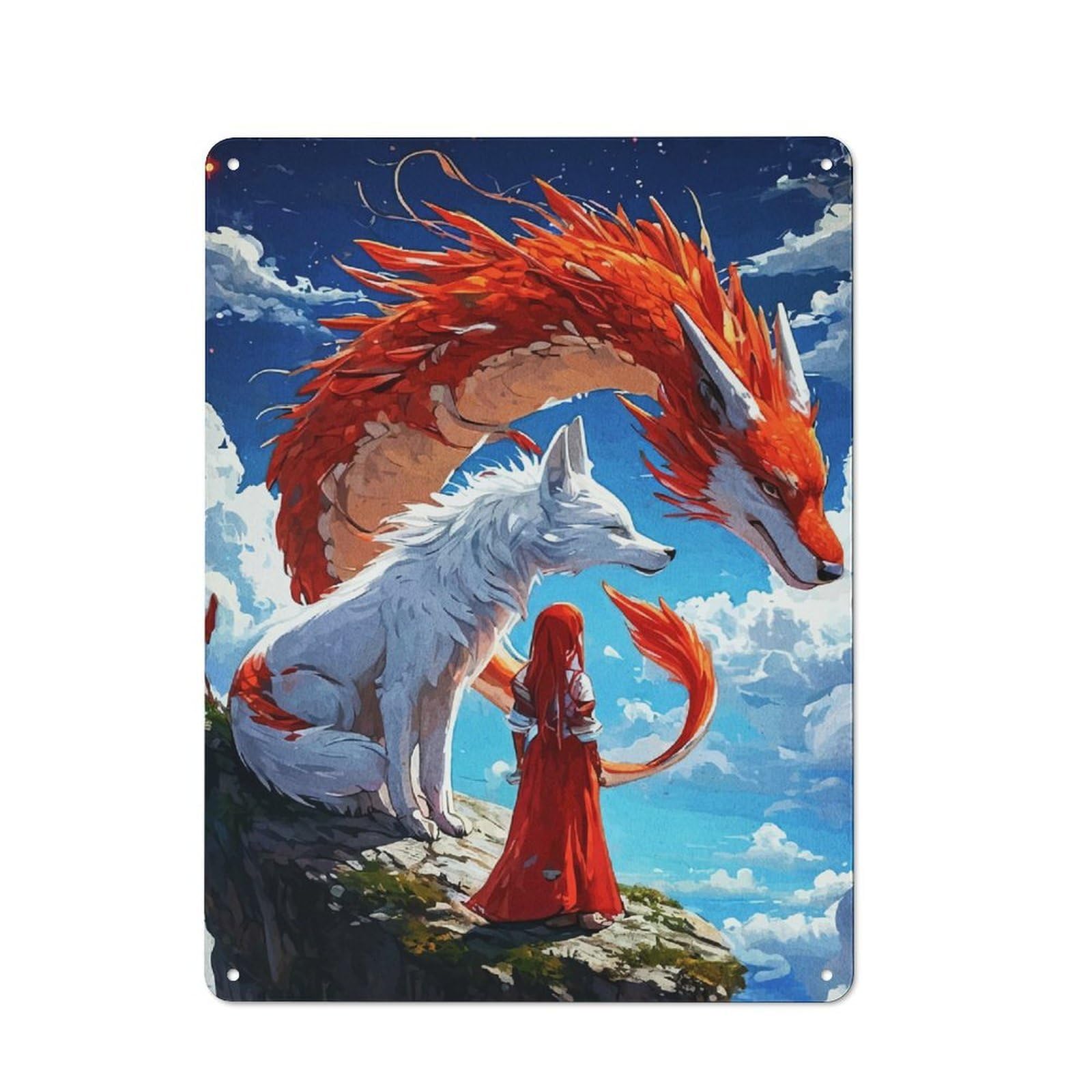 Retro Fantasy Scene Girl, Wolf, And Dragon Metal Gift Sign 40x30cm, Home Wall Decor for Flat, Dorm Room, Lounge Or Cafe