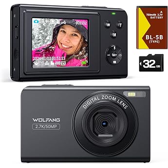 WOLFANG Digital Camera 2.7K Children's Camera for Photography 50MP Compact Camera for Vlogging 16X Digital Zoom Camera Small Easy to Use Auto Focus Gift for Children Kids Beginners