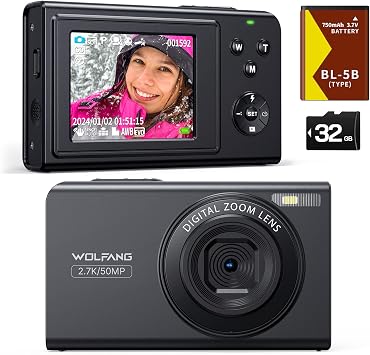 WOLFANG Digital Camera, 2.7K Kids Camera for Photography, 50MP Compact Vlogging, 16X Digital Zoom, Auto Focus Point and Shoot, Gift for Students Teens