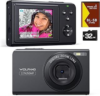WOLFANG Digital Camera, 2.7K Children’s Camera for Photography, 50MP Compact Camera for Vlogging, 16X Digital Zoom Camera,…