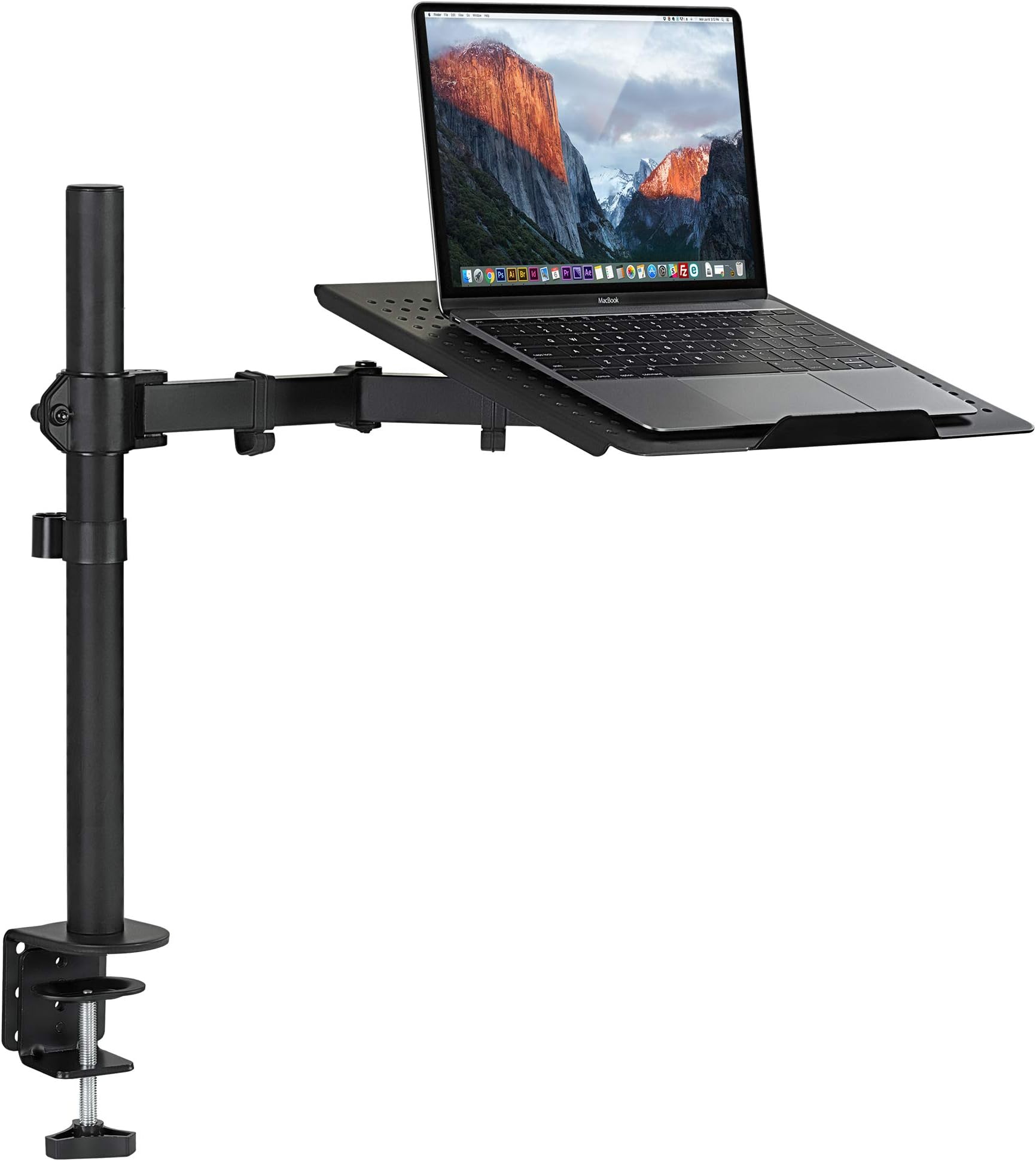 Laptop Desk Mount with Pole, Height Adjustable Laptop Stand Mount for Desk with Vented Tray, Full Motion Laptop Arm for 11–17 Inch Laptops, 22 lb Capacity, Clamp or Grommet Base