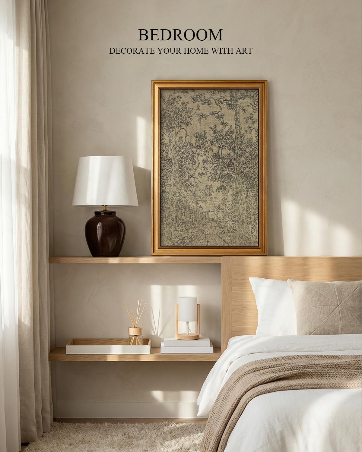 HUARCEY Gold Framed Canvas Wall Art, Antique Sketch Landscape Pictures Vintage Decor, Bedroom Kitchen Shelf Decor, Dark Moody Retro Country Farmhouse Canvas Paintings, 16x24inch