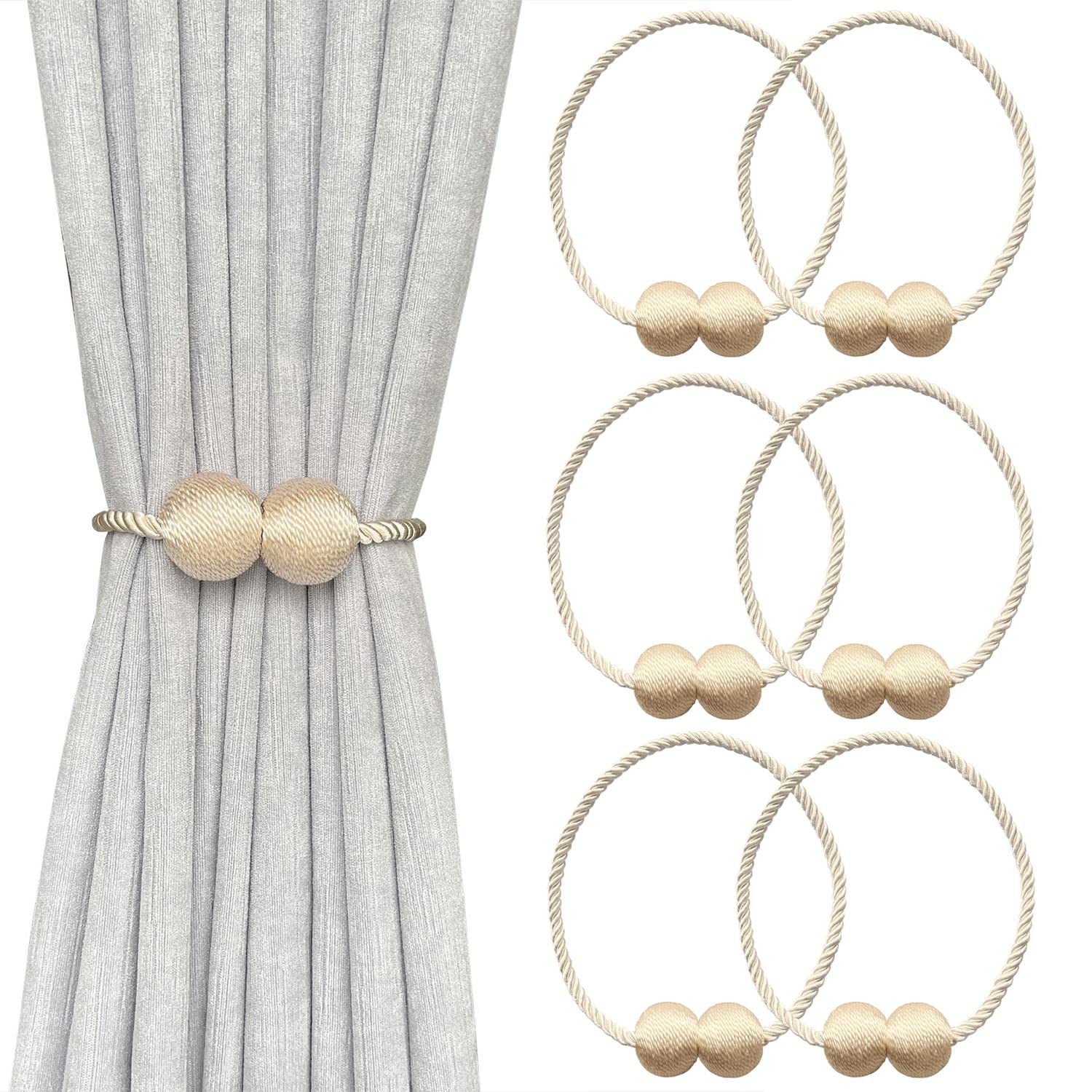 Melaluxe 6 Pack Magnetic Curtain Tiebacks, Decorative Curtain Holdbacks for Window Décor (Beige)