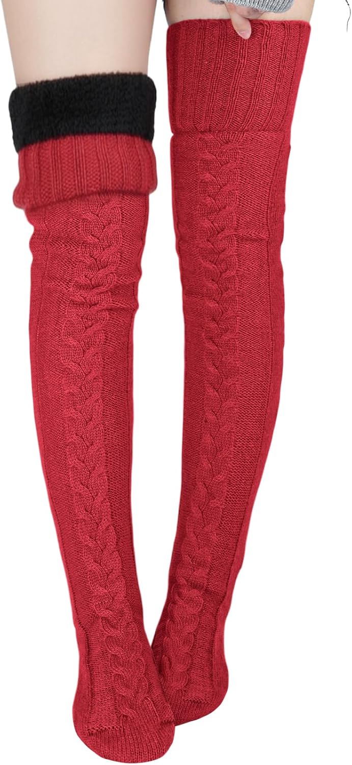 Suhine Women Fleece Lined Thigh High Sock over Knee Cable Knit Boot Sock Extra Long Winter Warm Thermal Stocking Leg Warmer