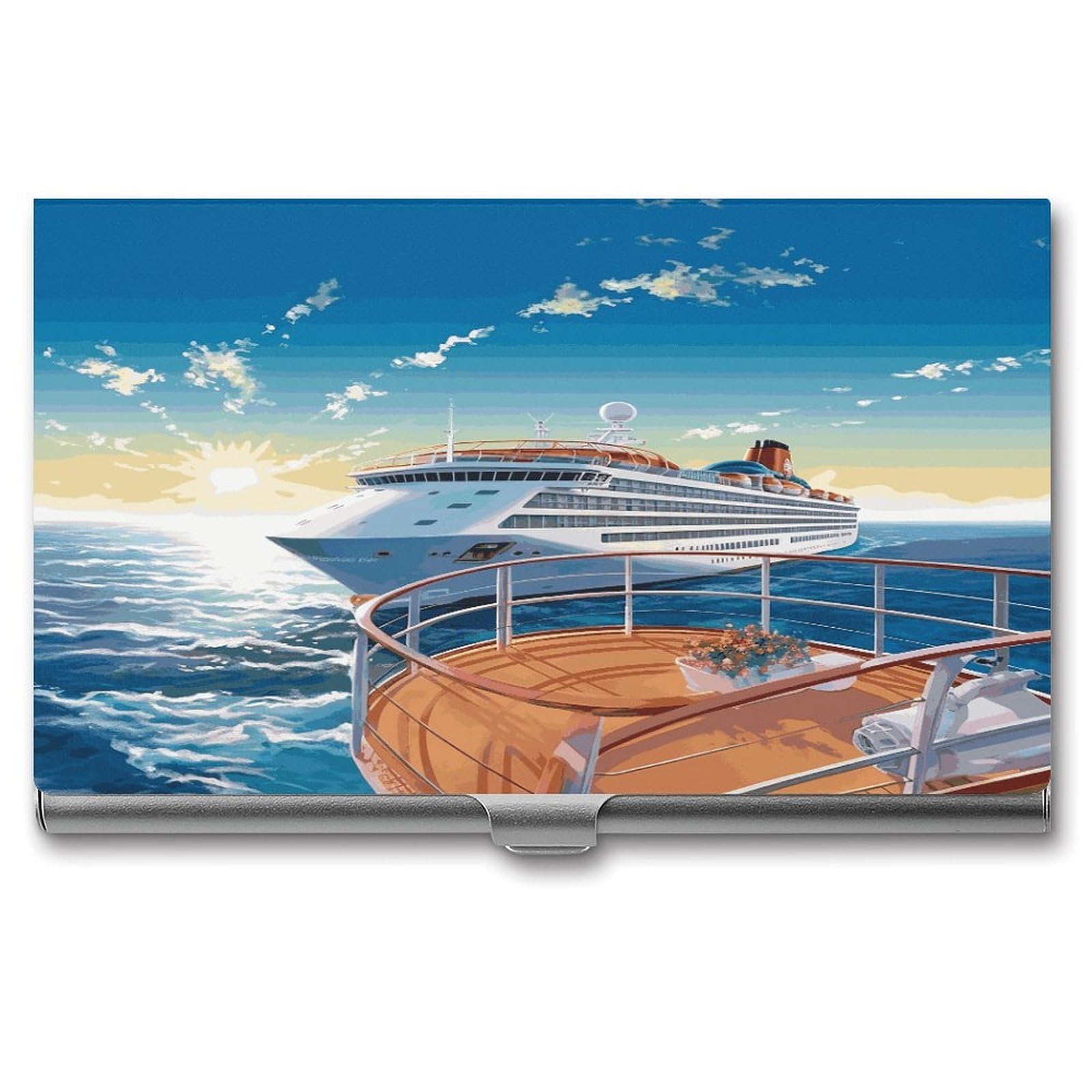 LDGSUPH Summer Sea Cruise Business Card Holder Fashion Slim Name Card Holder Minimalist Design Case Metal Card Carrier Personalized Business Card Case with Flip for Men Women