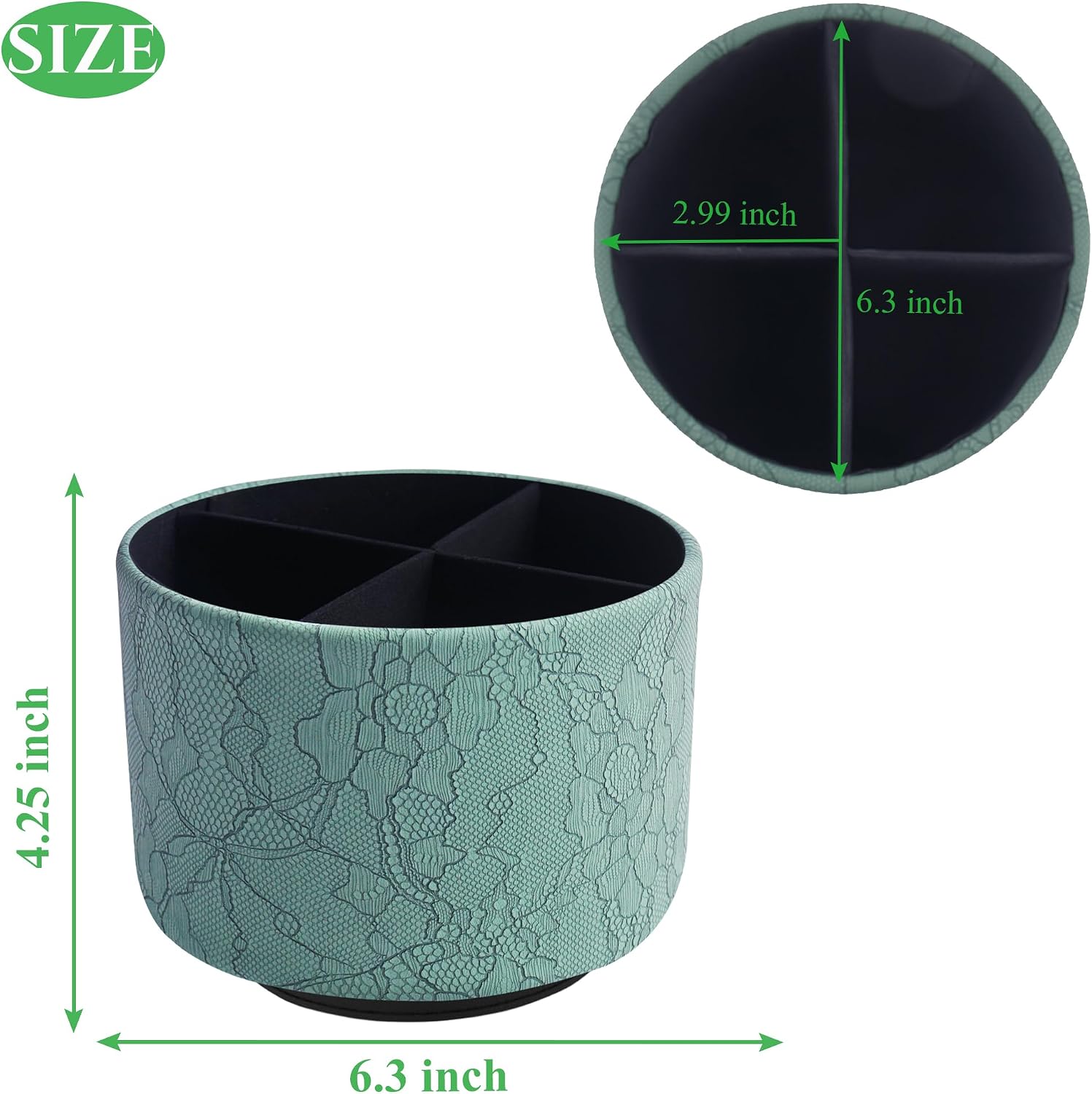 Round Leather Art Supply Organizer,Remote Control Holder,360 Degree Spinning,Multi-Functional Pencil Holder,4 Compartments Desktop Stationary Organizer(1-Lace Flower Green2)