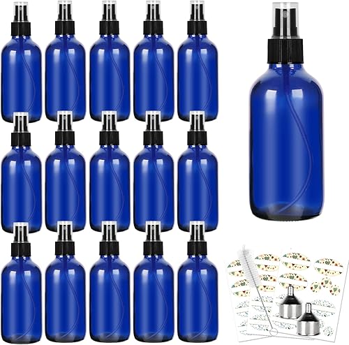 CycleMore, 16 botellas de spray de vidrio azul de 120 ml, 4 oz, con rociadores de niebla fina, botellas de vidrio para viajes para cosméticos,