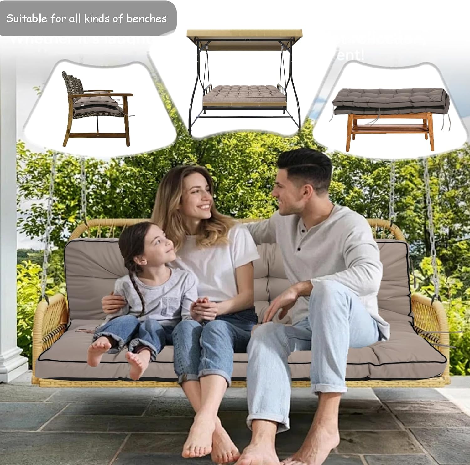 Porch Swing Cushion Three Seat, Waterproof Swing Cushions Replacement with Backrest, Outdoor Garden Furniture Patio 4" Thickened Cushions with Ties (Khaki, 40 x 55in)
