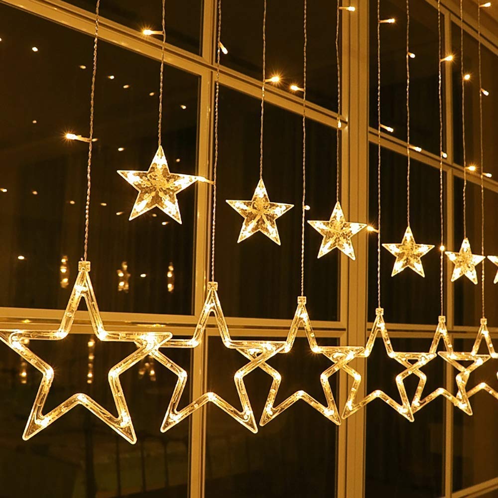 LED Rideau Lumière, 2.5m x 0.9m 138 LED 12 Étoiles Fenêtre LED Rideau Lumière avec USB à Distance (Warm White)