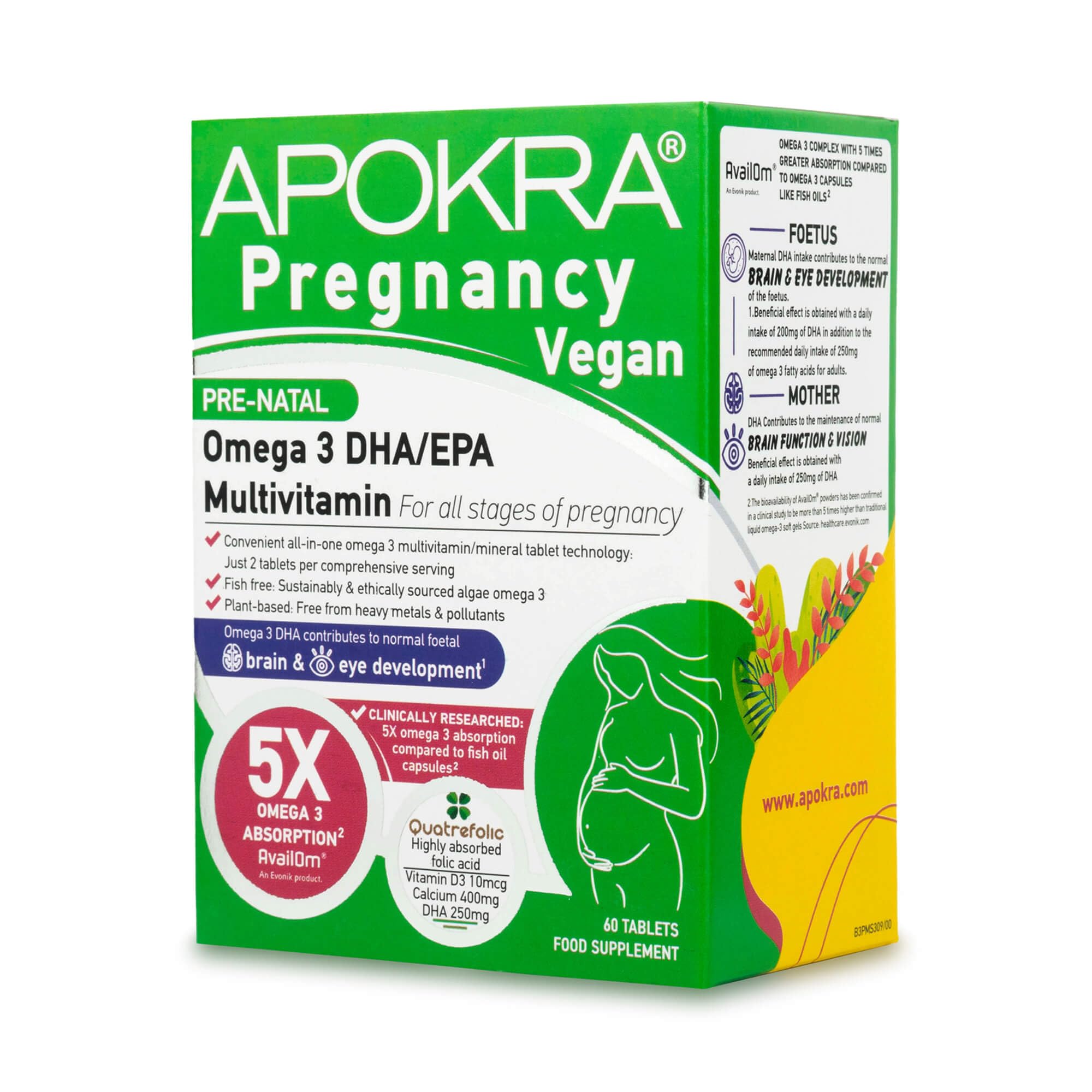 APOKRA Vitaminas Prenatales | 25 Nutrientes con Omega 3, Acido Folico Embarazo (Metilfolato Quatrefolic), Omega 3 Vegano y Ácido Fólico Alta Absorción, 60 Comprimidos