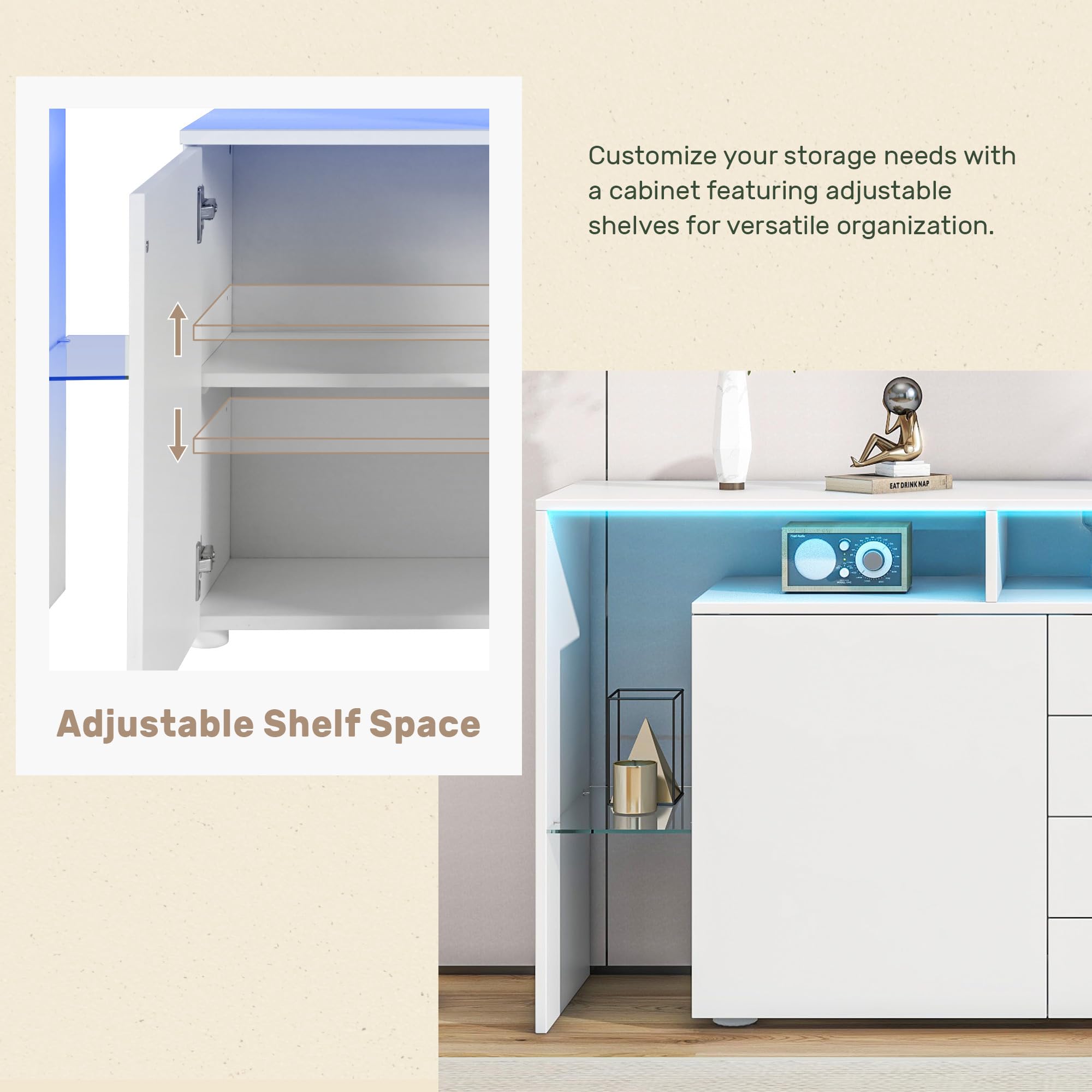 Credenza Soggiorno Moderno Lucida, Credenza Cucina Bianca con LED, Mobile Soggiorno Contenitore Buffet Cucina Salvaspazio con 2 Ante e 4 Cassetti, con Divisori in Vetro, Bianco, 160x35x70cm