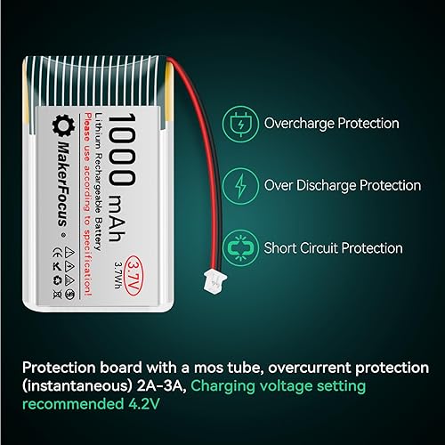 Miniatura 6 de 2pcs 3.7V 1000mAh batería de polímero de litio 1S 1C batería recargable con placa de protección, cinta de goma aislada y micro JST 1.25 enchufe para