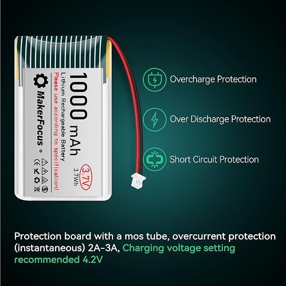 3.7V 1000mAh Lithium Polymer Rechargeable Battery for ESP32 2pcs