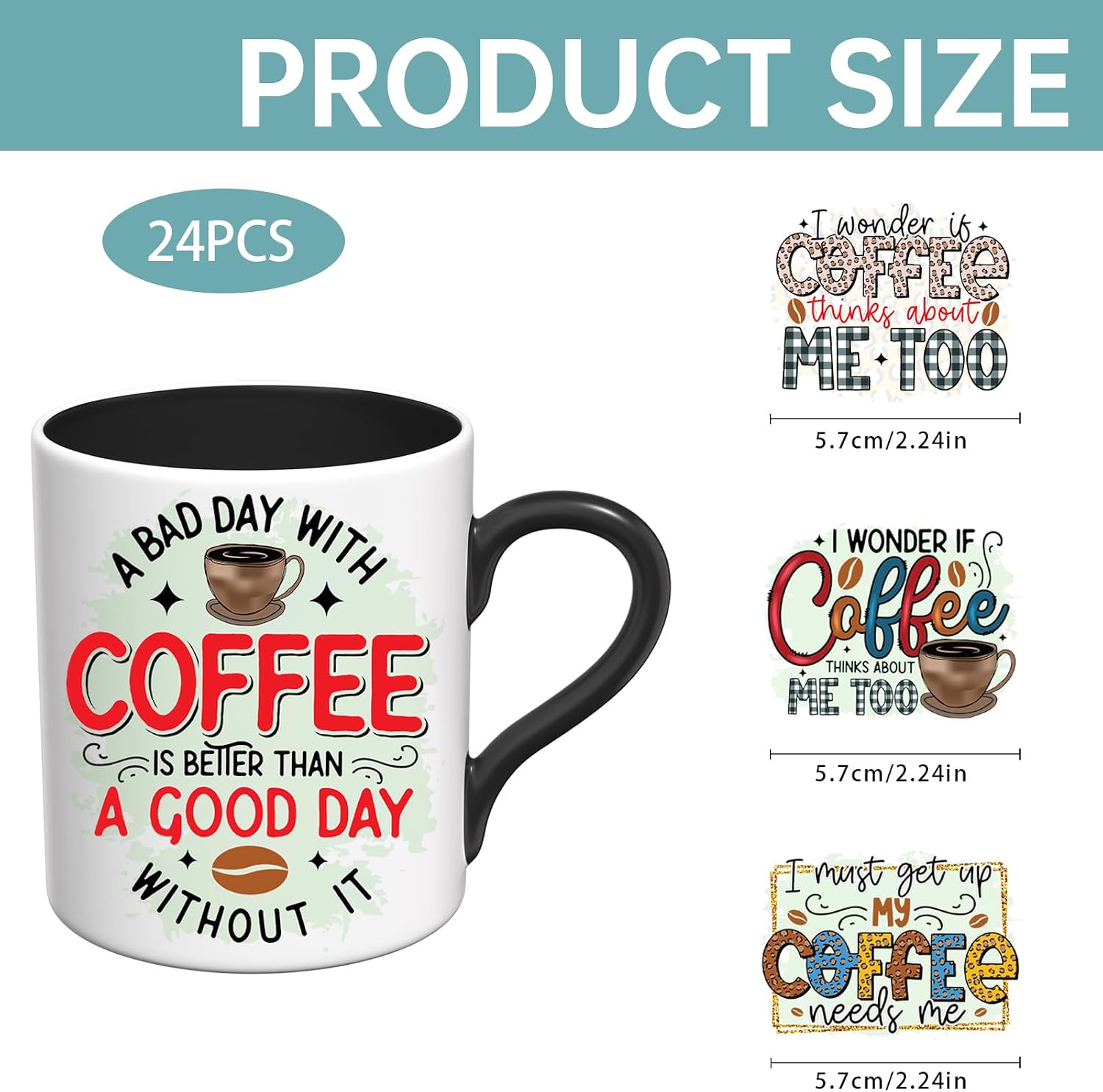 UV DTF Stickers - 24 Sheets Funny Coffee Saying UV DTF Cup Wrap for Coffee Mugs Glass, DIY Decals for Tumblers, Waterproof Rub on Transfers for Crafts