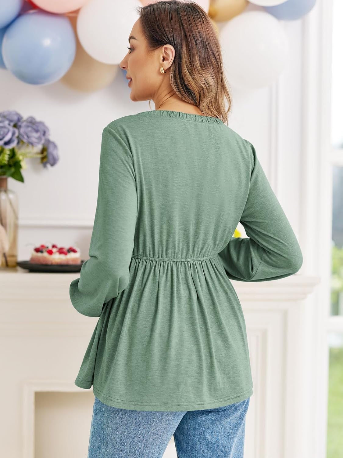 Women's Maternity Tops Long Sleeve V Neck Fall Loose Blouse Ruched Babydoll Pregnancy Shirts S-2XL - Image 4