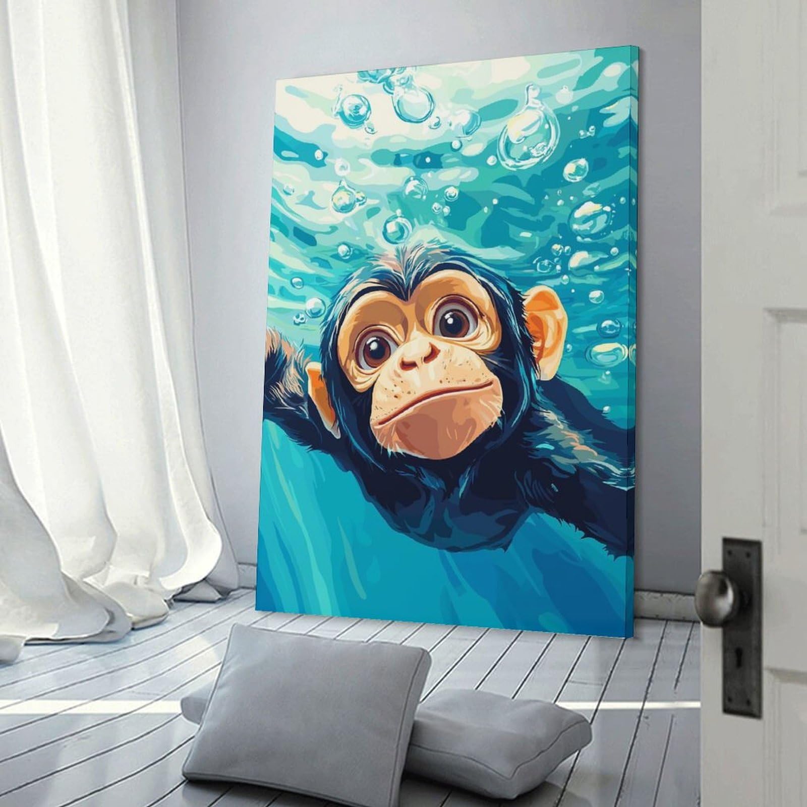 Junmoney Frame-Style-17 Monkey Swimming Underwater Hanging Wall Art, 24X36inch(60X90cm), For Entrance Walls, Hall Decor Or Foyers, Wall Decor To Refresh Empty Corners
