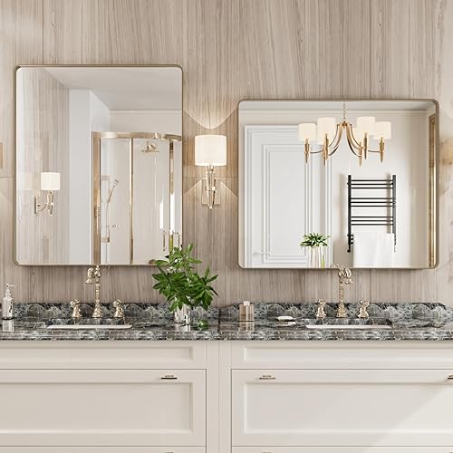 Miniatura 328 de Espejo de baño dorado, 48 x 30 pulgadas, espejo de marco de metal dorado cepillado para pared, espejo rectangular redondeado de tocador de baño