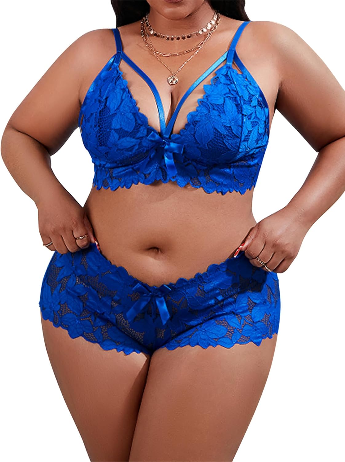 Plus Size Sexy Waist Strappy Mesh Floral Lace Sheer Cami Shorts Lingerie Set 2 Piece Outfits X-Large Blue