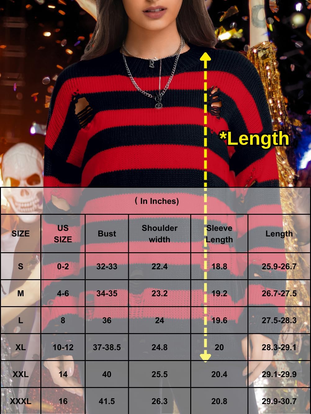 Women's Goth Ripped Sweaters, Oversized Long Sleeve Crewneck Striped Knit Pullover Sweater for Halloween - Image 6