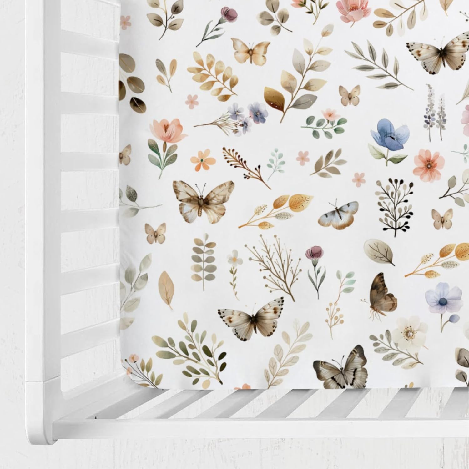 Retro Boho Floral Leaves Butterflies Baby Crib Sheet 52''x28'' Botanic Garden Spring Stretchy Fitted Crib Mattress Cover for Boy Girl Plants Soft Nursery Bed Sheet for Standard Crib & Toddler Mattress