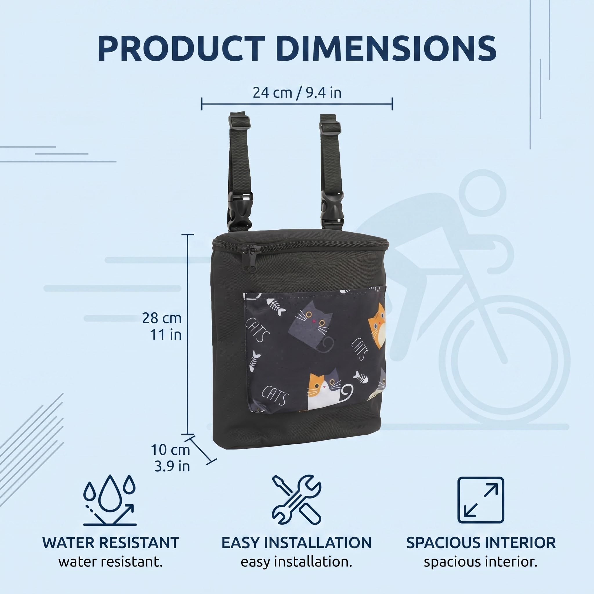 1 Borsa Portaoggetti da Manubrio con Motivo Gatto Nero, Cestino Bicicletta Anteriore in Oxford 24x28x10 cm, Copertura Lampo, per Bici e Scooter – cestino bicicletta anteriore