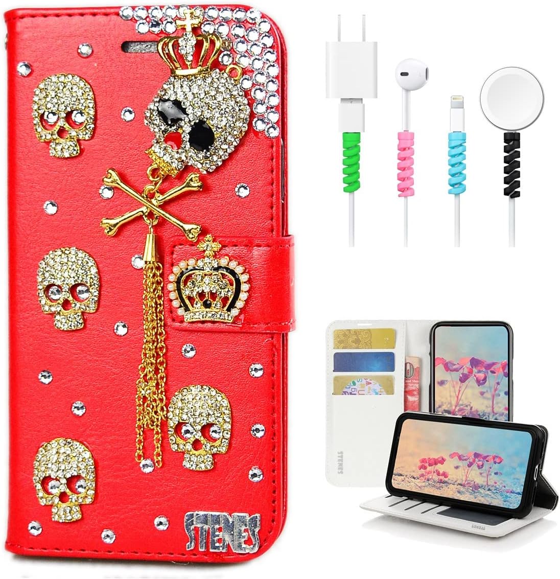 STENES Bling Wallet Phone Case Compatible with Samsung Galaxy A12 Case - Stylish - 3D Handmade Luxury Flowers Floral Leather Cover with Cable Protector [4 Pack] - Hot Pink