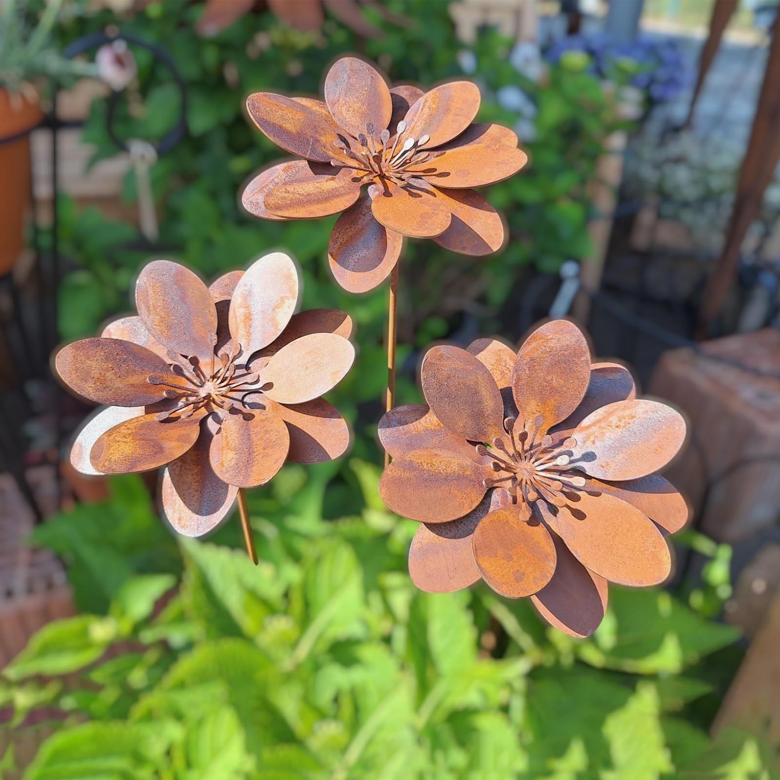 CCUUHJ 3 Pack 35CM Outdoor Rusty Flowers, Metal Yard Art, Metal Flowers for Outside, Garden Stakes Decorative, Plants Garden Decor (Bronze)