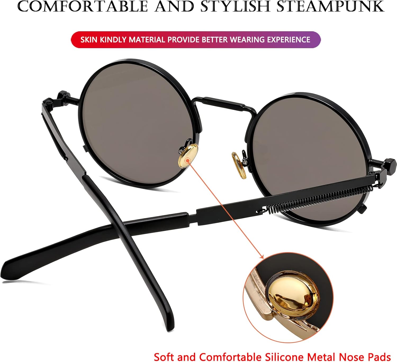 AIEYEZO Round Steampunk Sunglasses Trendy Retro Circle Glasses Gothic Metal Frame 100% UV Blocking Lens - Image 4