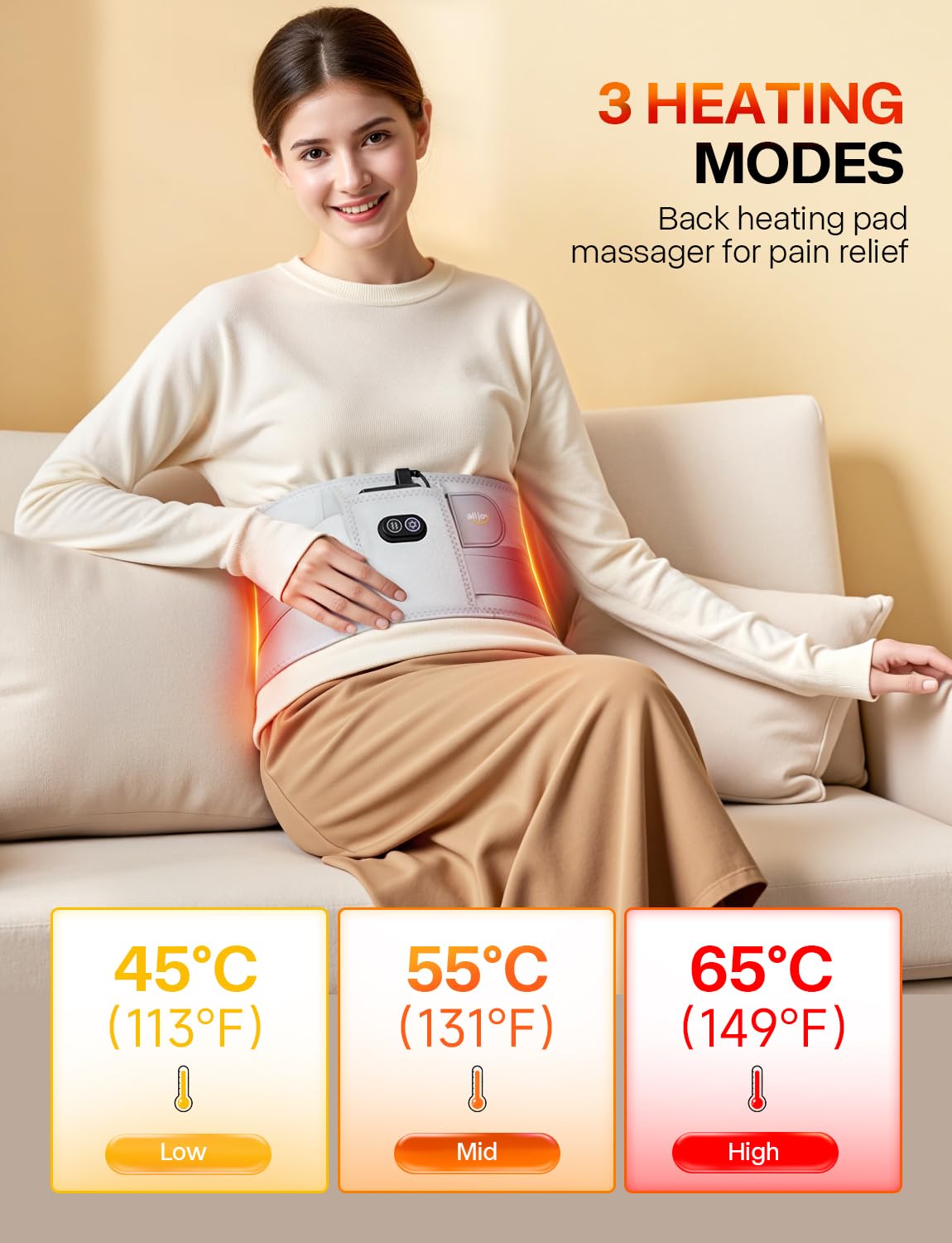 Fascia Lombare Riscaldamento ALLJOY 67" Riscaldamento Elettrico masajeador per schiena vita, 10000mAh Batteria Termoforo Elettrico Lombare, 3 Livelli di Temperatura, 3 Massaggio a Vibrazione