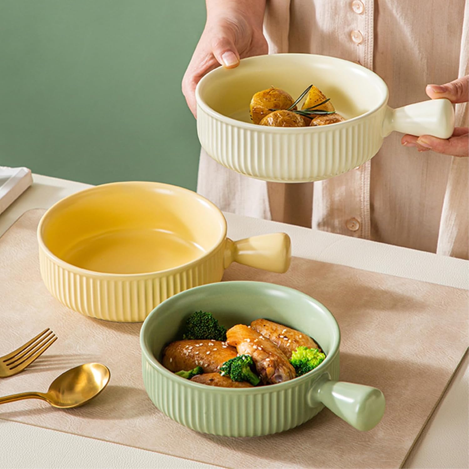 Ceramic glaze baking bowl with handle household simple style personality-matcha green