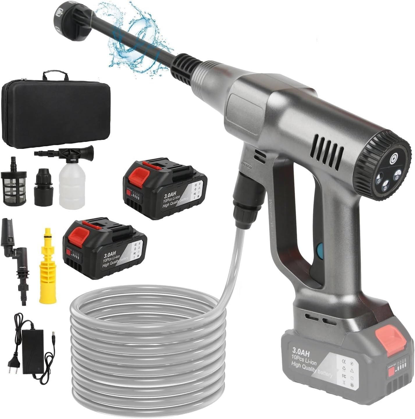 Limpiador de alta presión inalámbrico, 21 V Max 200 Bar Limpiador de alta presión con batería 6,0 Ah, Press & Clean Pistola de lavado con pantalla LCD de potencia y 3 velocidades (plata)