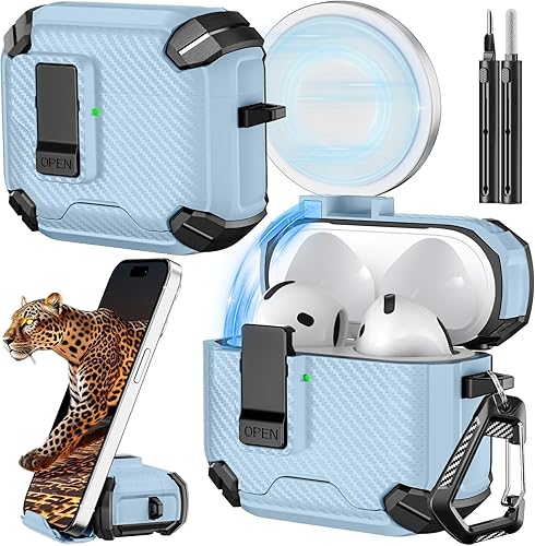 Miniatura 41 de Inesore Compatible con funda AirPods 4 con soporte para teléfono y kit de limpieza, Compatible con Magsafe, cerradura magnética automática