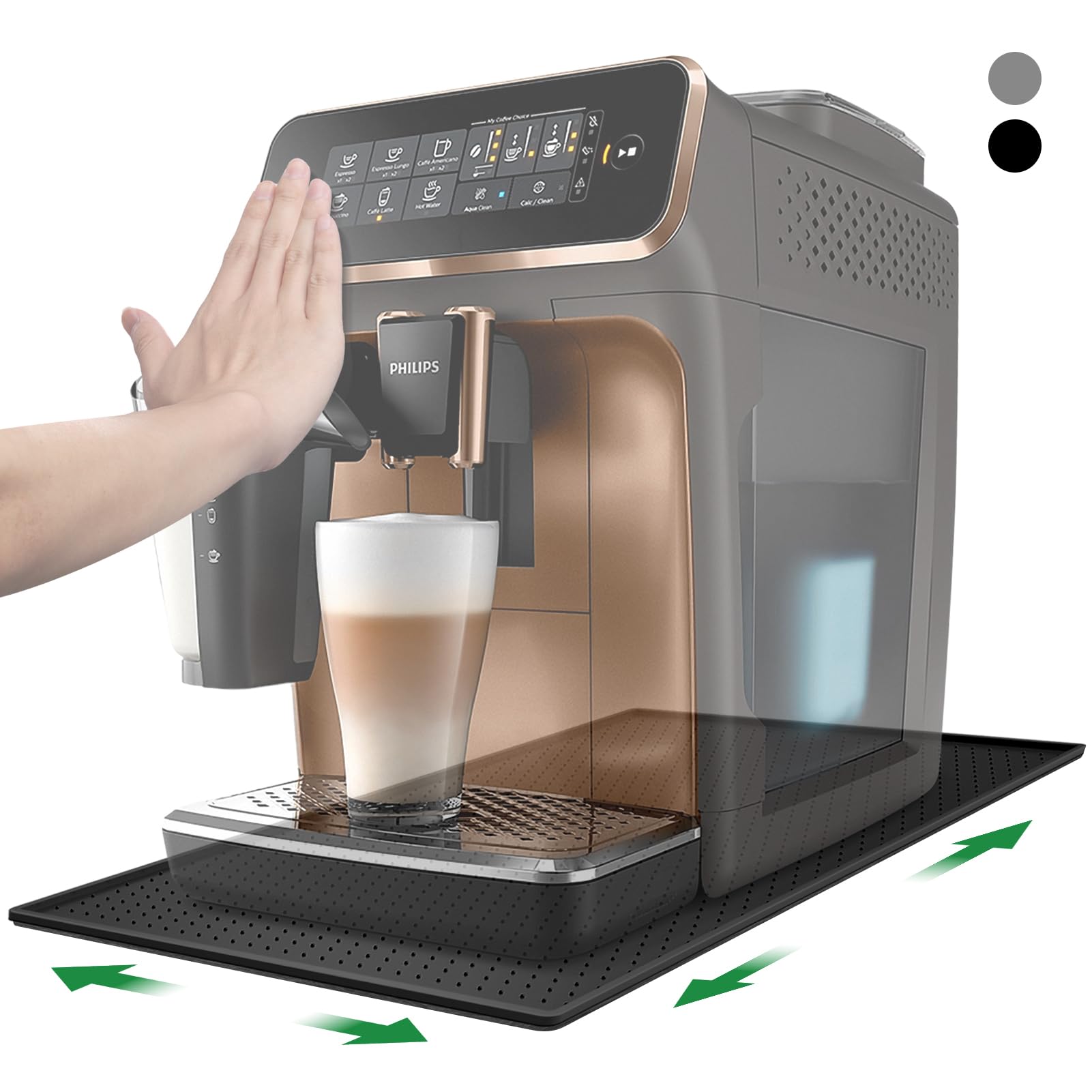 Tappetino per Macchina da Caffè, Tappetino in Silicone 48x30cm con Bordo Rialzato, Protezione Piano di Lavoro, Compatibile con De Longhi Magnifica, Philips LatteGo, Siemens EQ6 (Nero)
