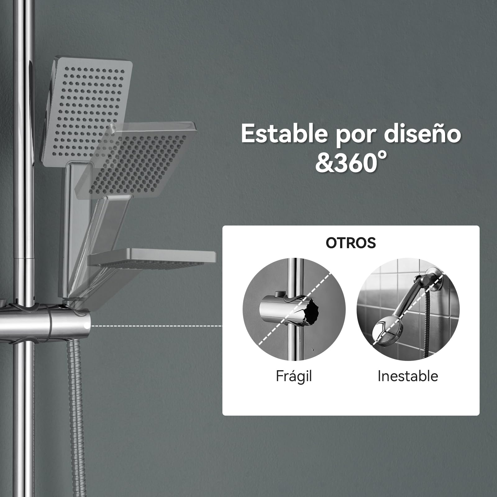 Auralum Barra de Ducha 70cm de Acero Inoxidable con Estante sin Taladrar, Columna de Ducha sin Grifo con Soporte Ajustable 360°, Ø22mm Compatible con Agujeros Existentes, Ideal para Renovación, Cromo