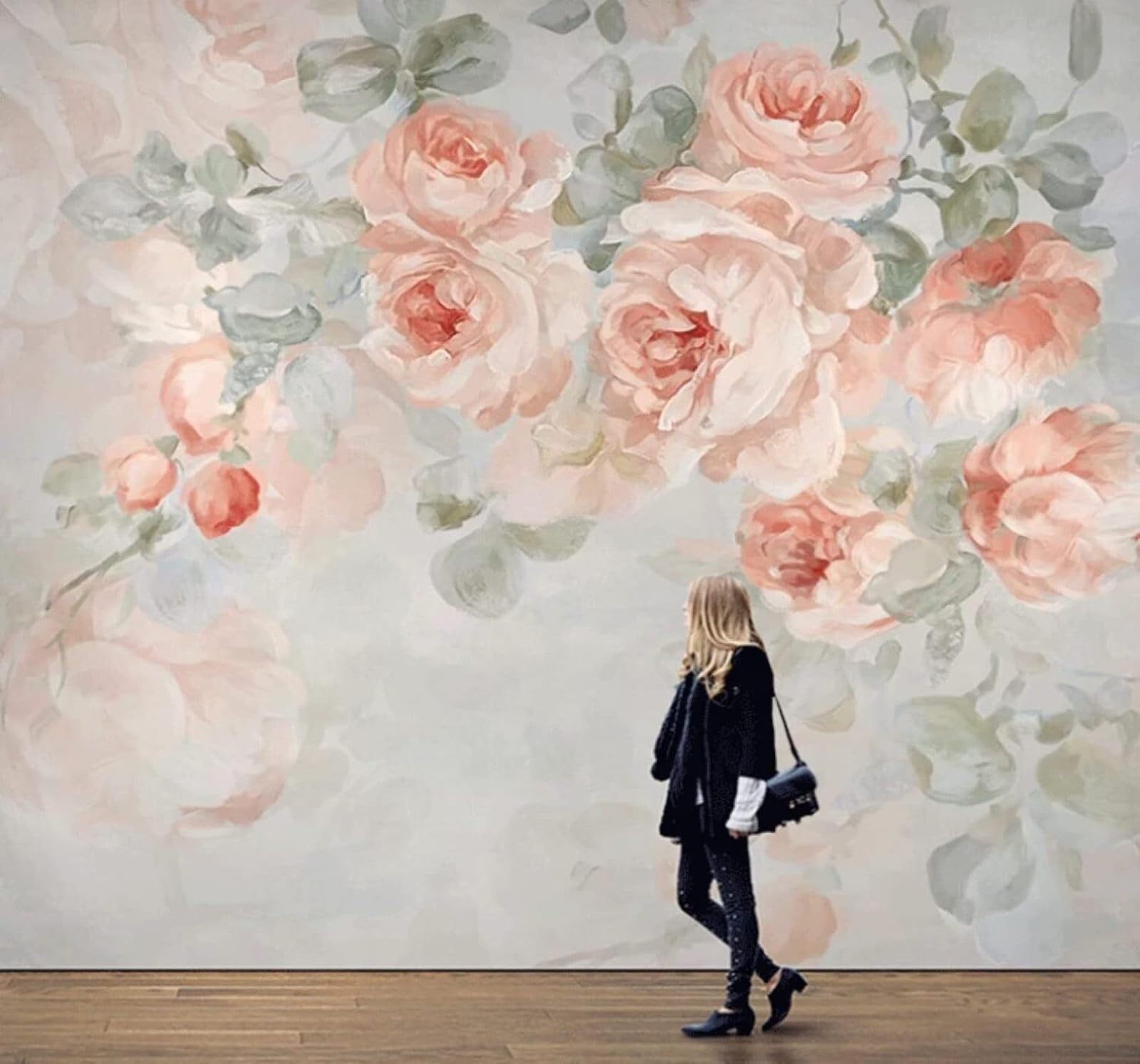 Hand Drawn Cosy Beautiful Pink Roses 3D Wallpaper Easy Install Feature Office Living Room Sofa Bedroom TV Background Wall Decoration-200cm×140cm