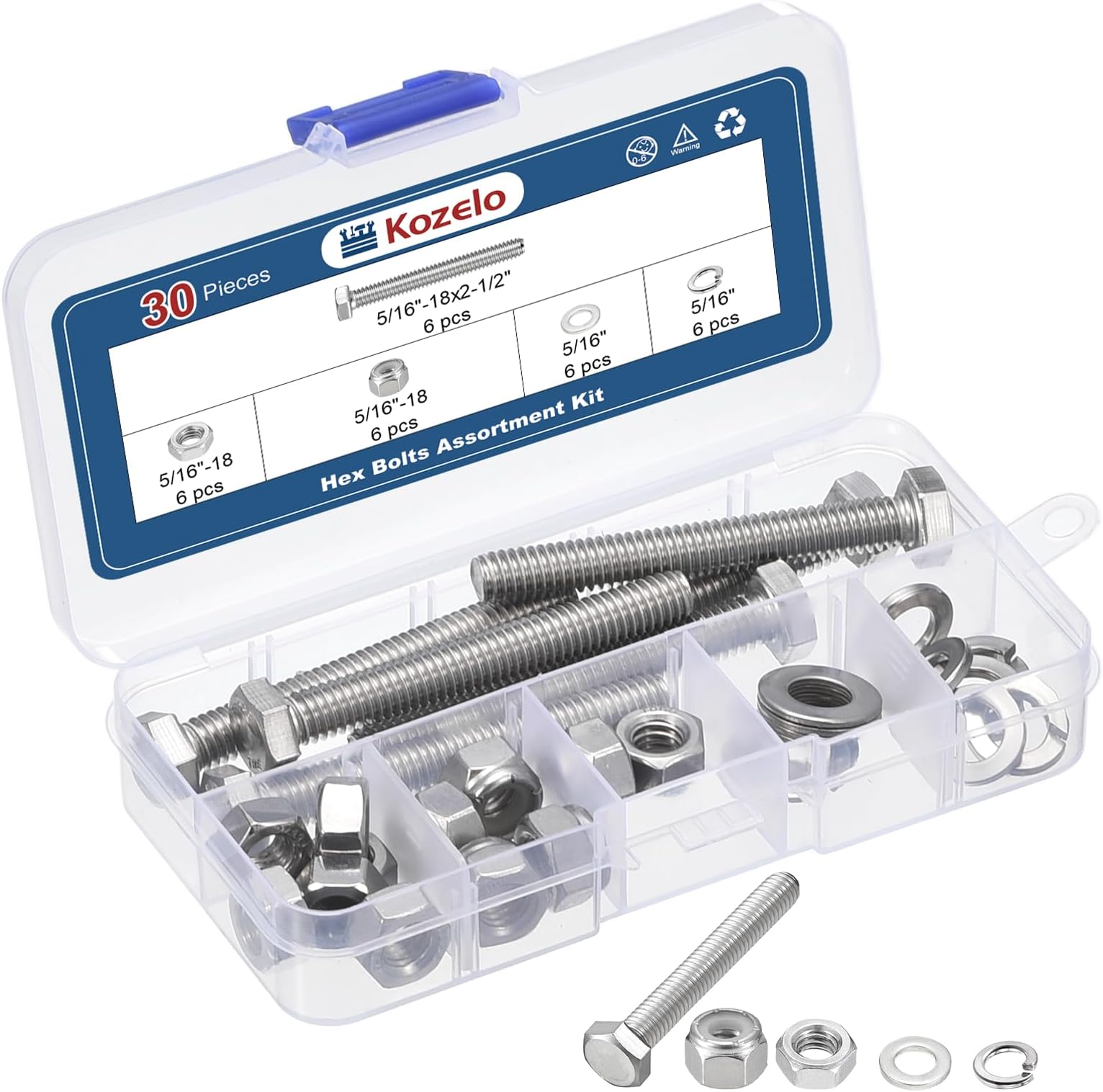 30 Pcs Hex Head Screws Lock Nuts Spring Flat Washers Kit - [5/16"-18x2-1/2"] 304 Stainless Steel, Hex Tap Bolt Assortment Fully Threaded Machine Bolts Right Hand, White