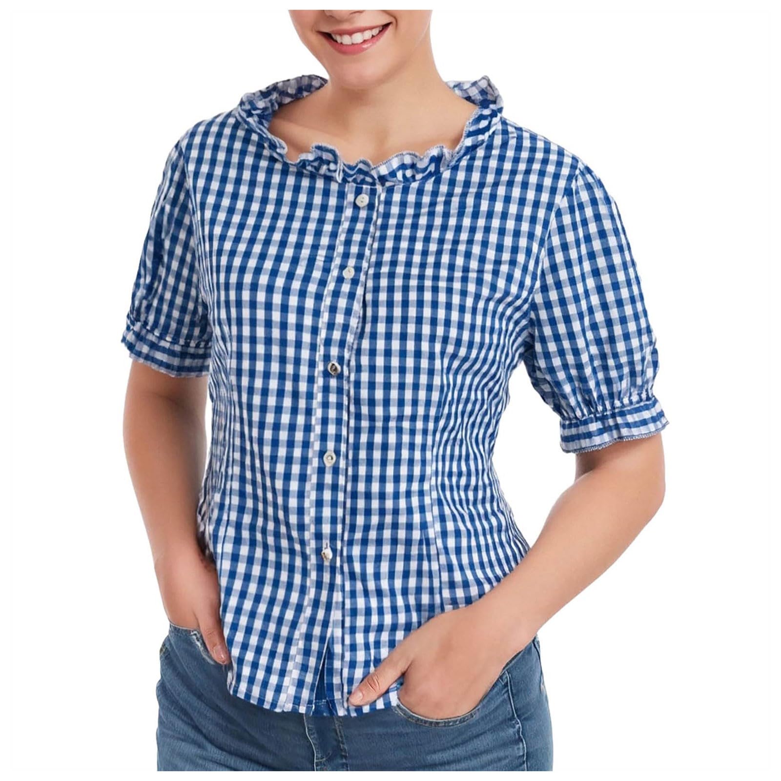 Stilvolle Damenhemden Oktoberfest kurzärmlig mit Spitzenbesatz kariertem Design vielseitige saisonale Kleidung