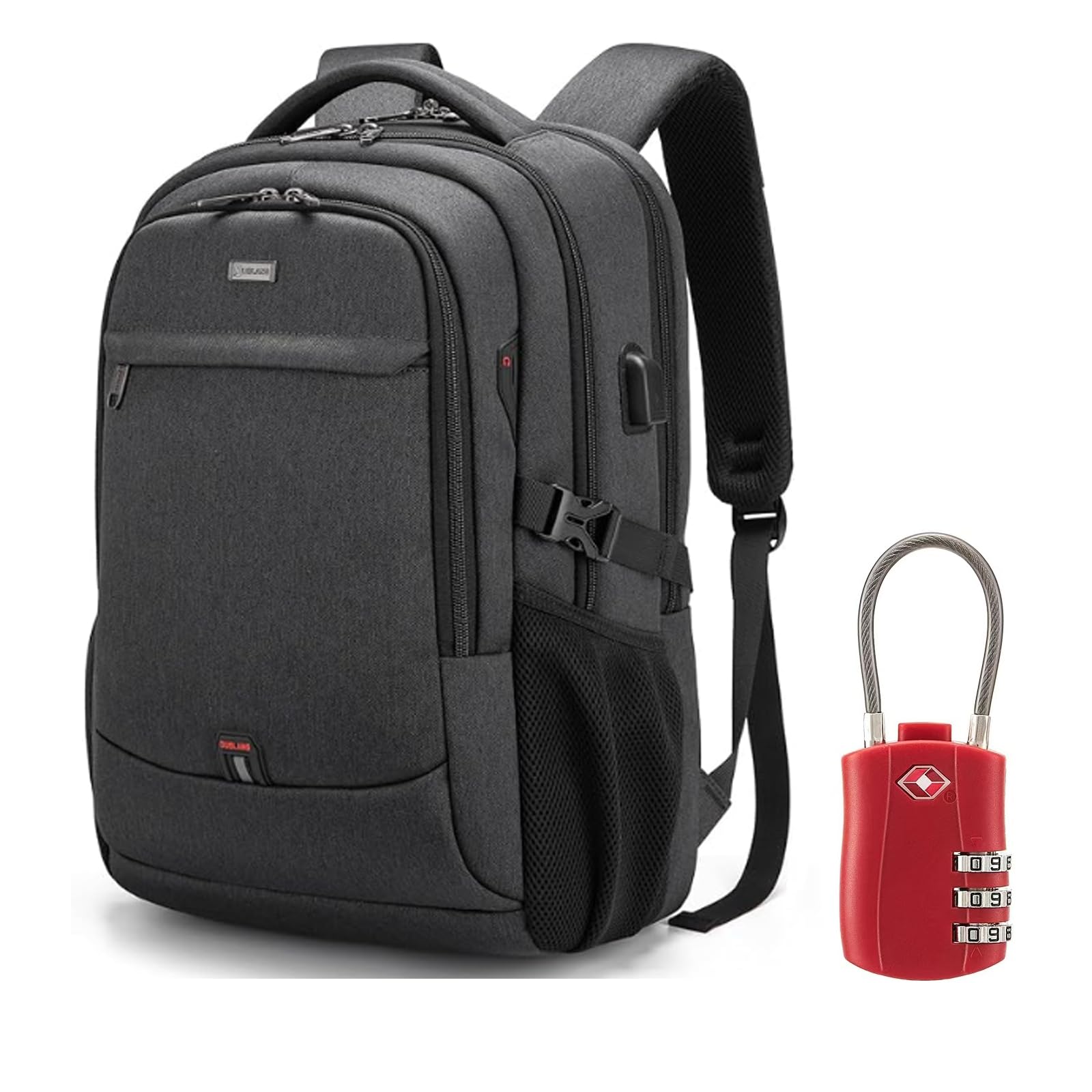 DUSLANG 17 Inch Laptop Backpack for Travel Water Resistant College Backpack for Men/Women Laptop Bag with USB Charging Port and Red TSA lock,Black