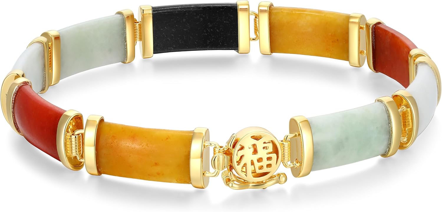 .925 Sterling Silver 18K Yellow Gold Plated Genuine Multi-Color Jade Rectangle Link Bracelets for Women - Timeless Good Fortune Fu Symbol Sterling Silver Bracelet for Women, 7.25 inch