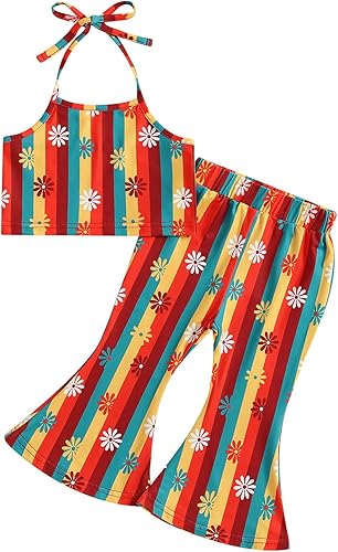 TheFound Traje de verano para bebé niña pequeña, parte superior con cuello halter, pantalones acampanados, 2 piezas, ropa para recién nacidos