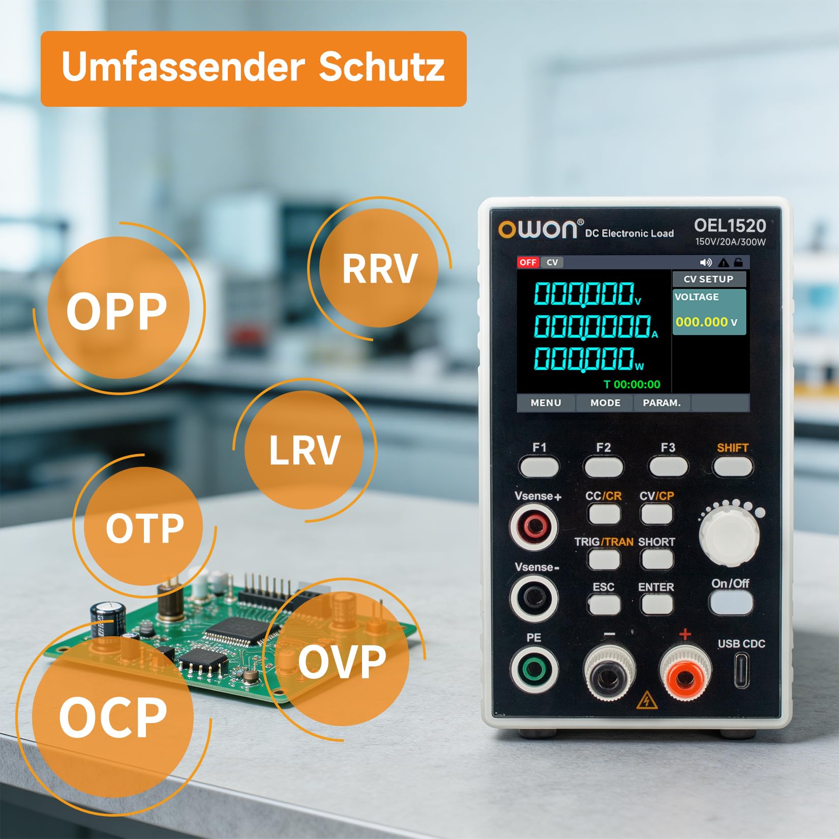 OWON Programmierbare elektronische Gleichstromlast OEL1520, DC 150V, 20A, maximal 300W, USB/RS232, CV CC CR CP, 4 Betriebsmodi, 5 kHz dynamisch, Labor-Leistungstester mit 2,8-Zoll-TFT-LCD-Display