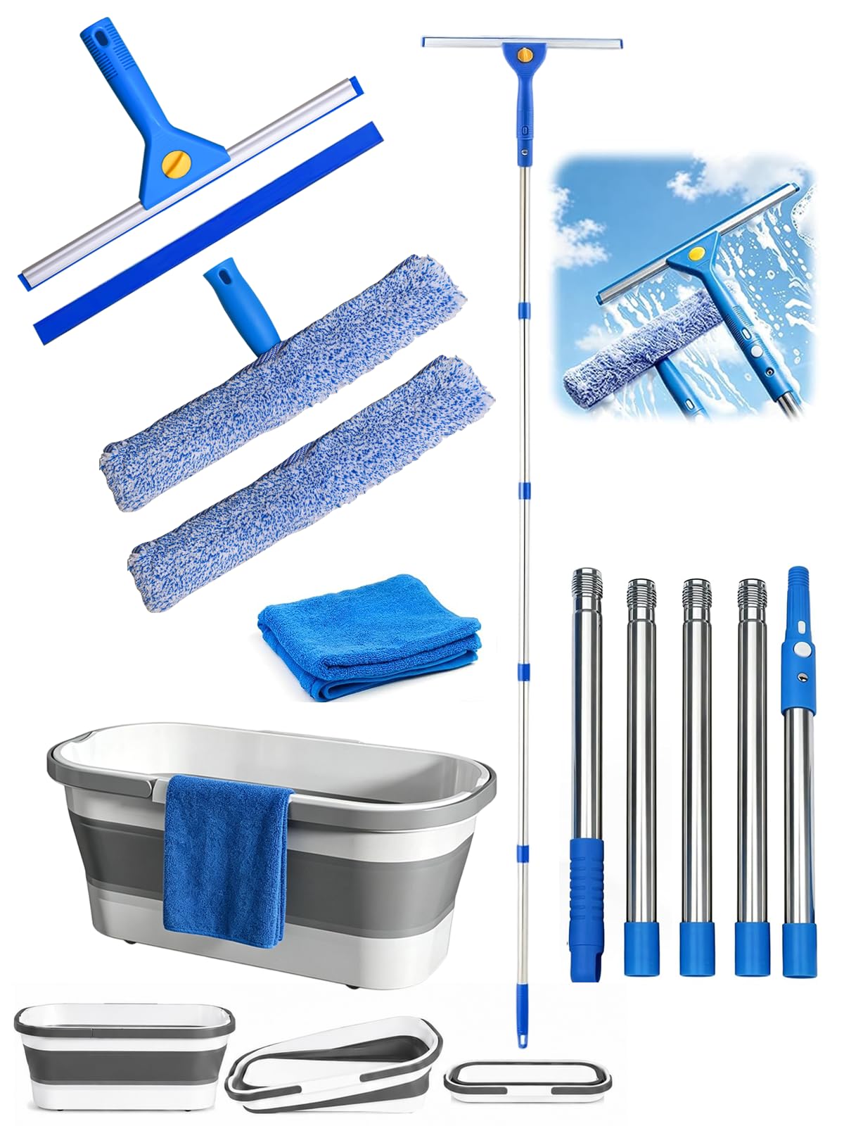 Window Cleaning Kit with (3Gal/12L) Collapsible Bucket, 175CM Long Handle