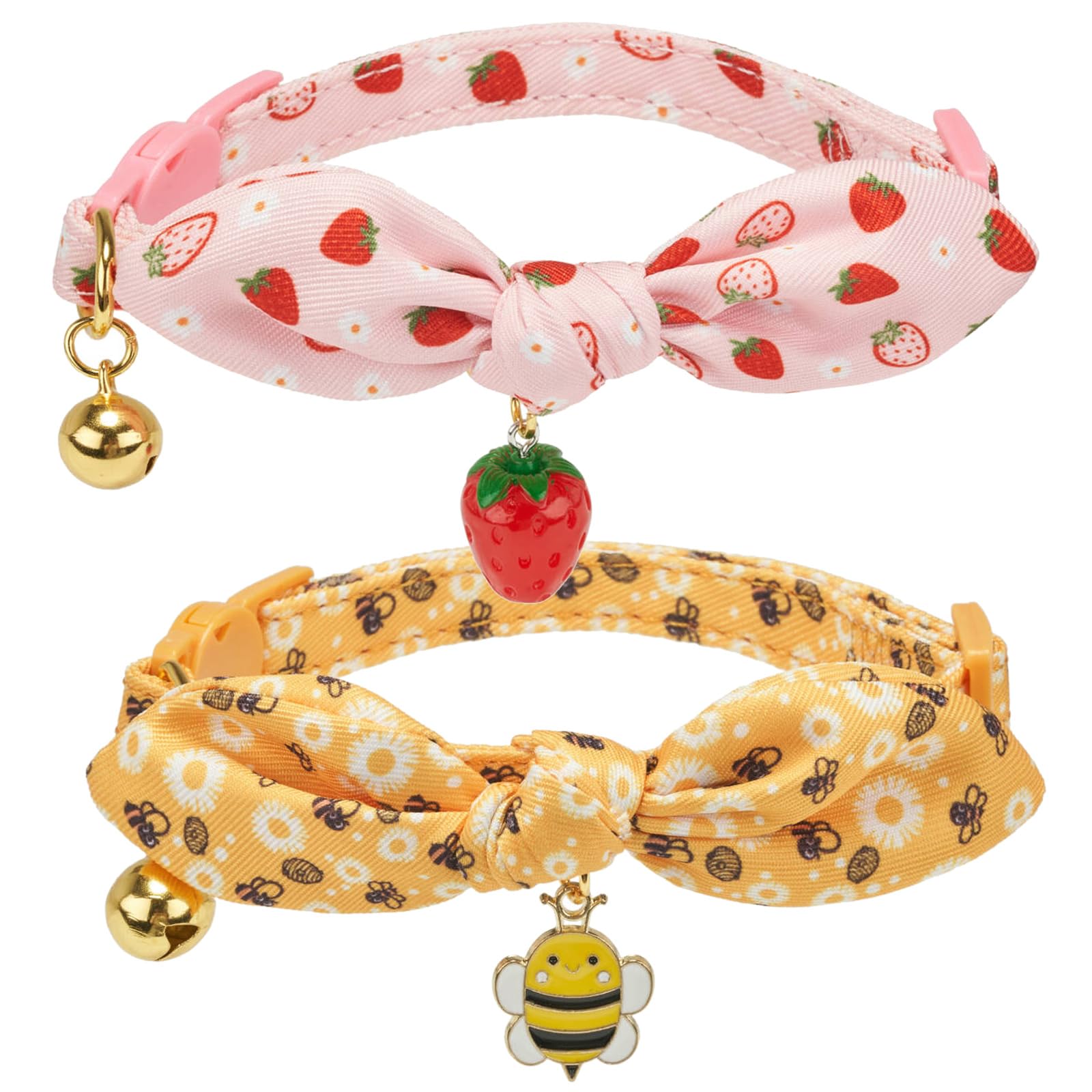 YUDOTE Soft Cotton Cat Collar with Detachable Hand-tied Bowtie,Pack of 2 Cute Feline Collars with Safety Quick Release Buckle,Bell and Charm,Pink Strawberries,Yellow Bees