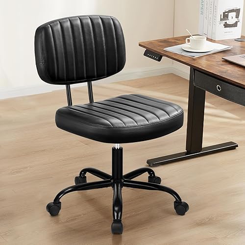 Sweetcrispy Silla pequeña de escritorio para computadora de oficina con ruedas y soporte lumbar, cómodas y lindas armaduras de piel sintética, silla