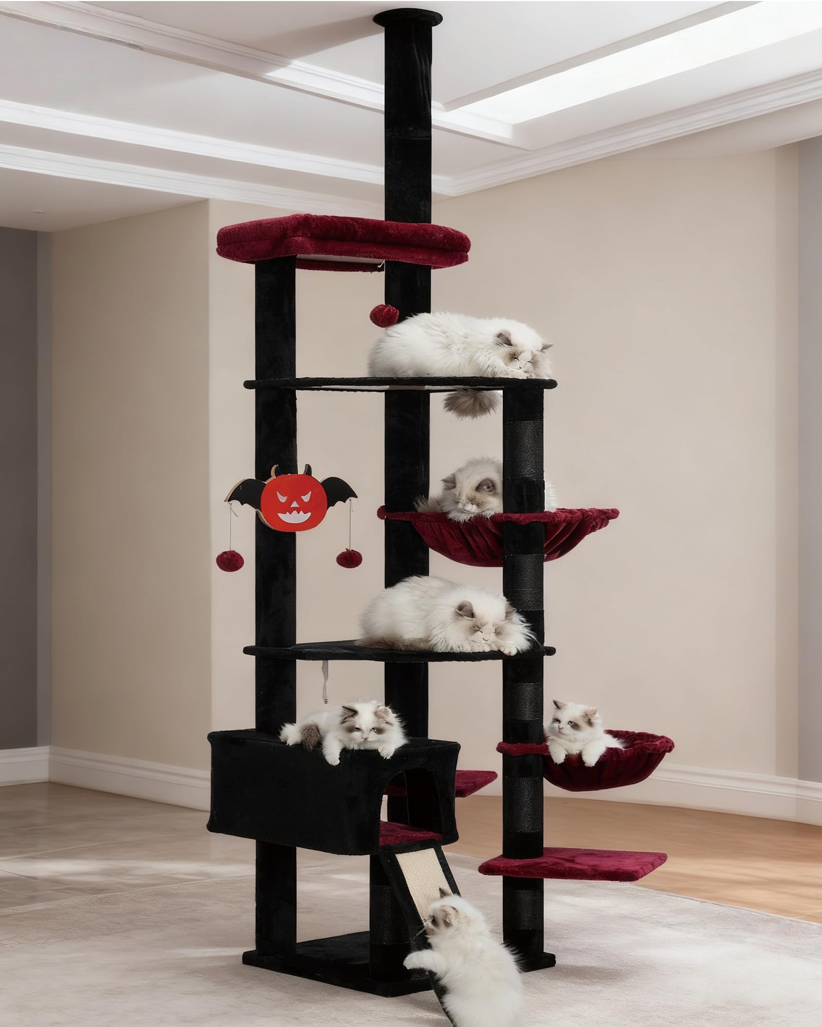 Heybly Floor to Ceiling Gothic Cat Tree 92.5-104 Inches with Hammock,Cat Condo,Tall Cat Climbing Tower Adjustable with Scratching Posts for Indoor Cats Black Red HCT091BR
