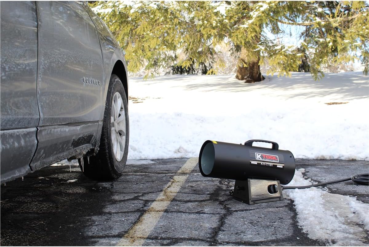 K Tool International 77781 Industrial Forced Air Propane Space Heater with Adjustable Height for Warehouse, Garage, Shop, and Jobsite, 60,000 BTU, 110V/60Hz, Includes Regulator and 10' Hose, Black